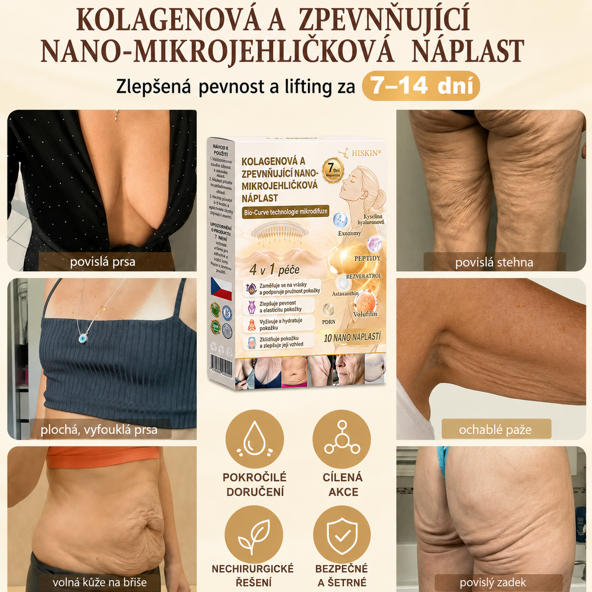HISKIN®🏆 Náplast s nano mikrojehličkami pro objem, pozvednutí a zpevnění poprsí Volufiline + Exosome + Copper Peptide formule poháněná technologií buněčné obnovy