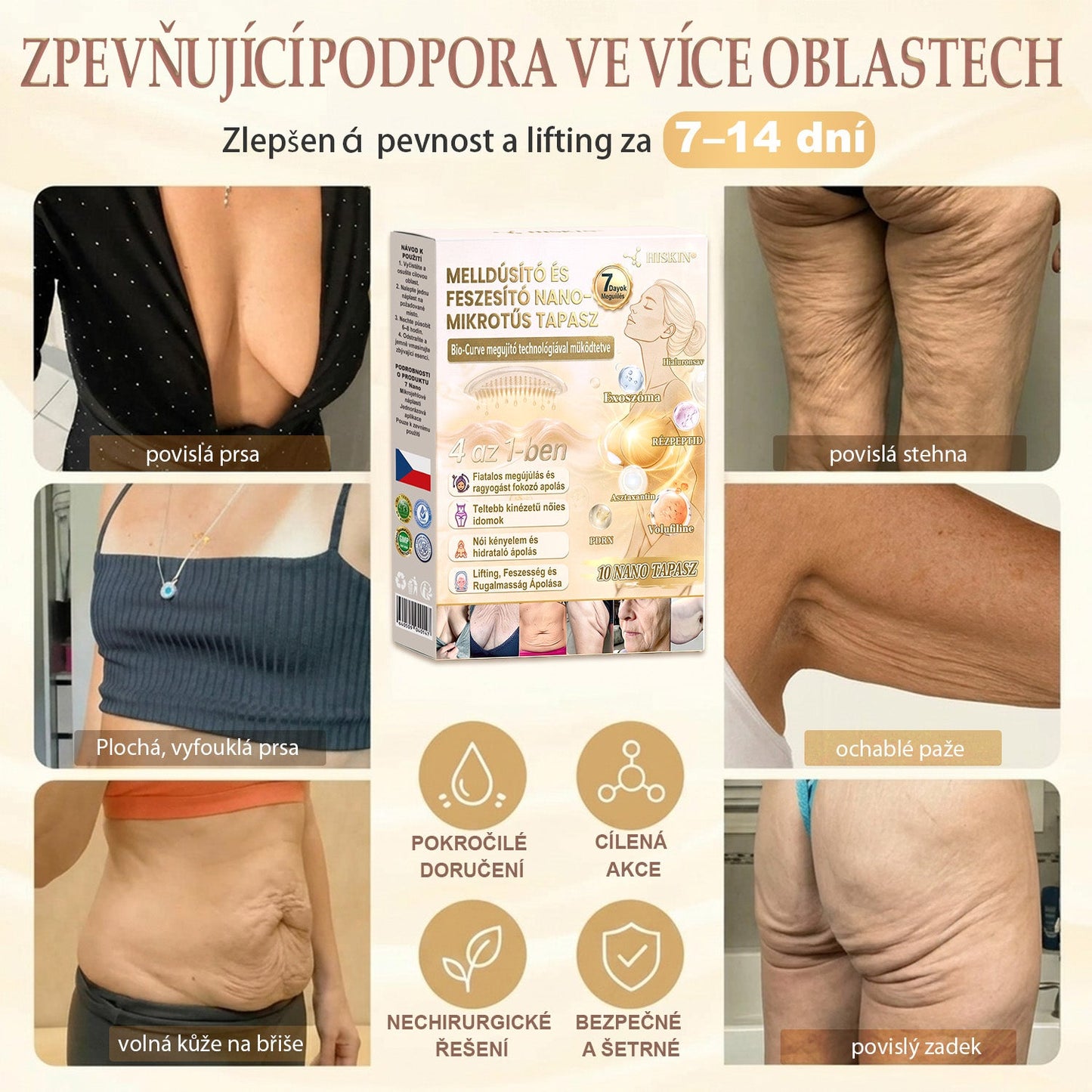 HISKIN®🏆 Náplast s nano mikrojehličkami pro objem, pozvednutí a zpevnění poprsí Volufiline + Exosome + Copper Peptide formule poháněná technologií buněčné obnovy
